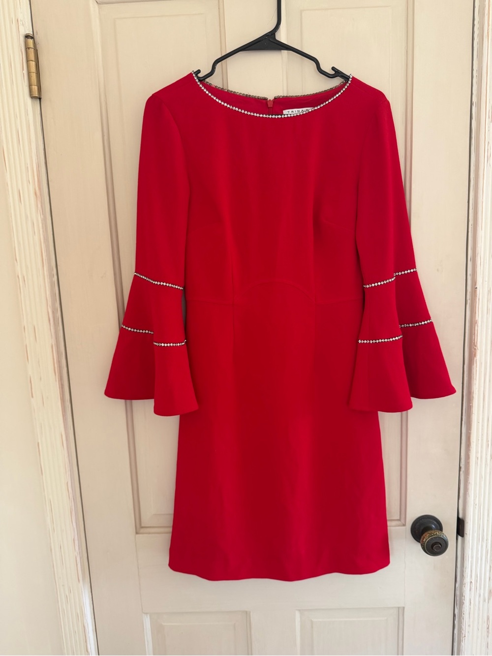 Trina Turk Red Long-Sleeve Bell-Sleeve Dress with Pearl Trim